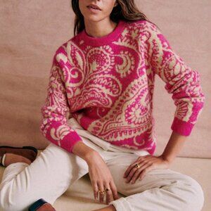 Sezane Kiana Jumper XS/S/M Fuschia Pink Beige Floral French Knit Mohair